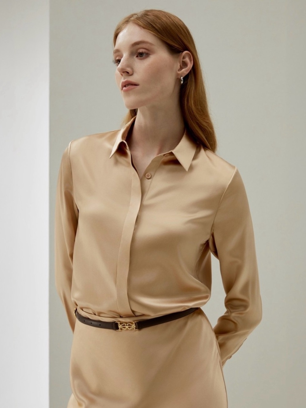 Long-Sleeve Silk Shirt Dress in Beige
